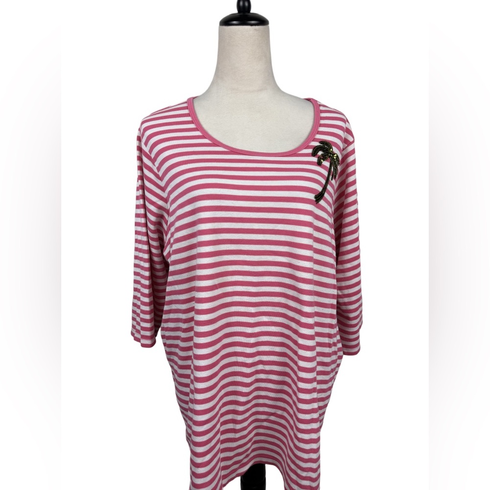 Quacker Factory pink and white striped top with sequin palm tree size 3X
